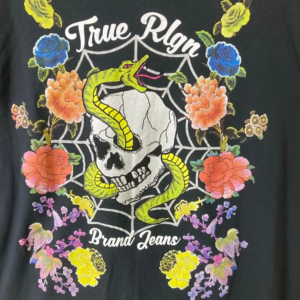 NWOT TRUE RELIGION T-Shirt Men 4XL Black Graphic Floral Snake Skull Short-Sleeve